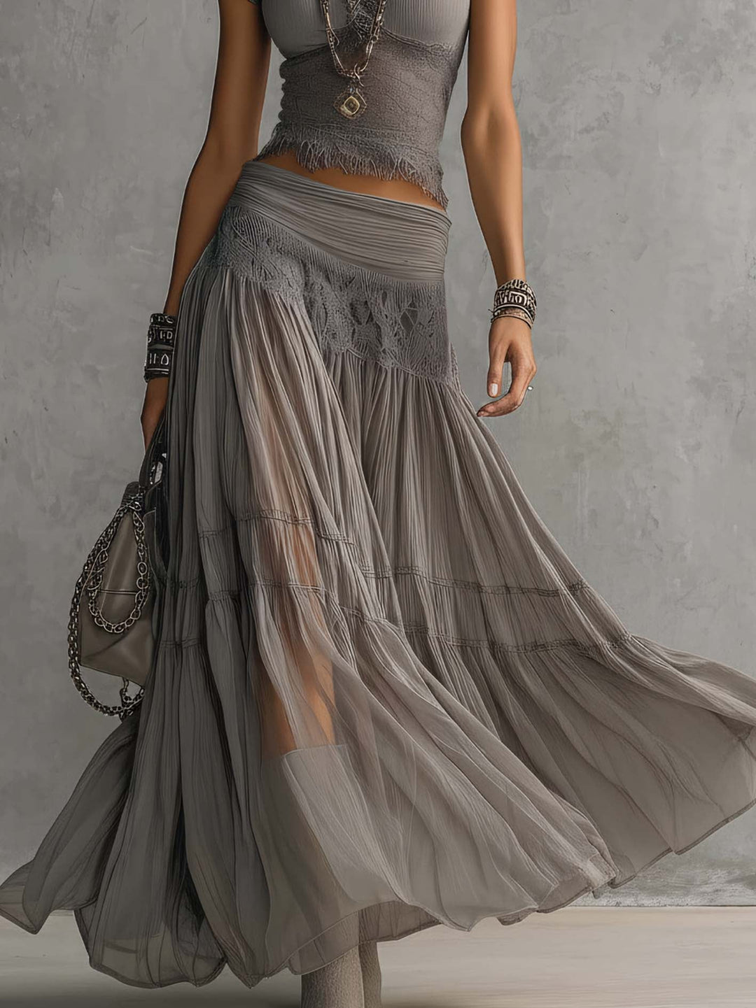 Elena | Coordinato Top con Inserti Trasparenti e Gonna Maxi Plissettata