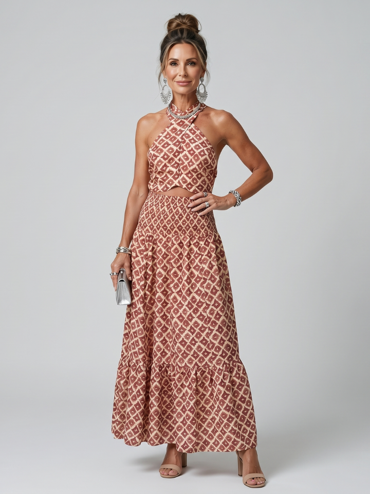 Amira | Abito Midi Geometrico con Collo Incrociato