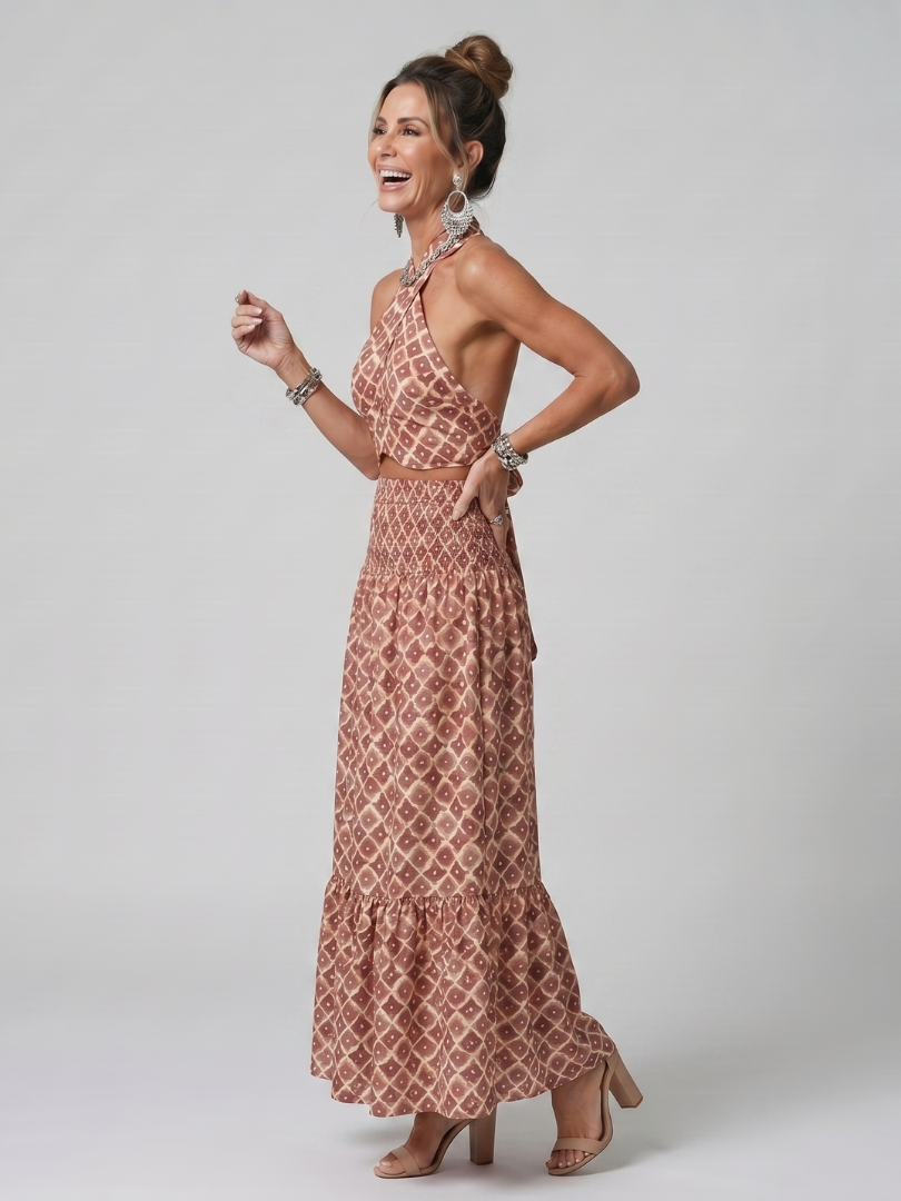 Amira | Abito Midi Geometrico con Collo Incrociato