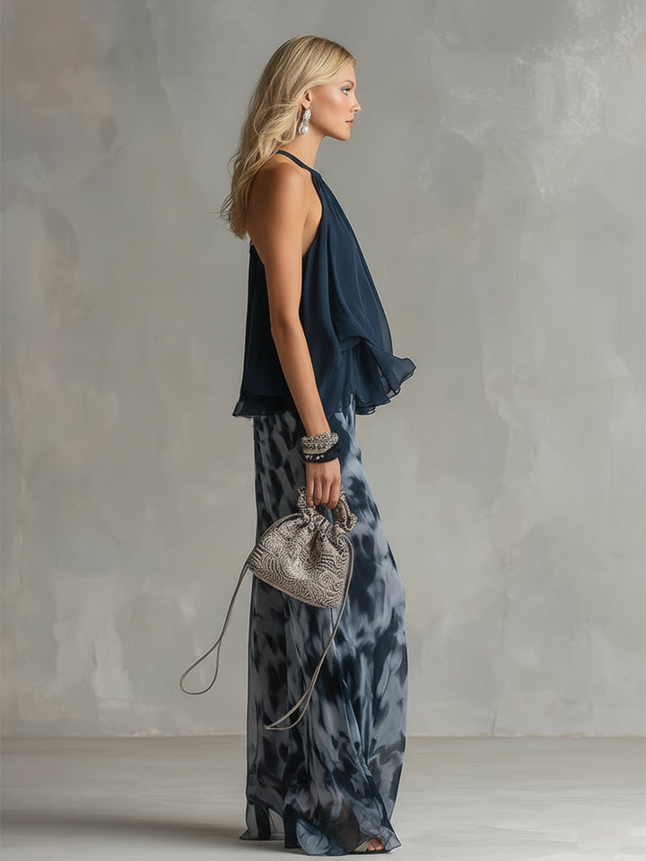 Ludovica | Coordinato Top Halter Blu Navy e Pantaloni Larghi a Stampa
