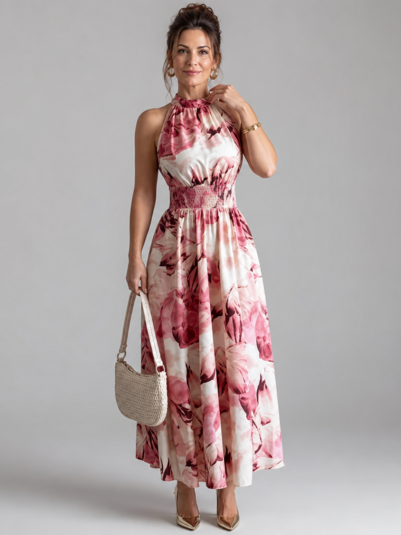 Olivia | Abito Midi con Stampa Astratta e Vita Arricciata