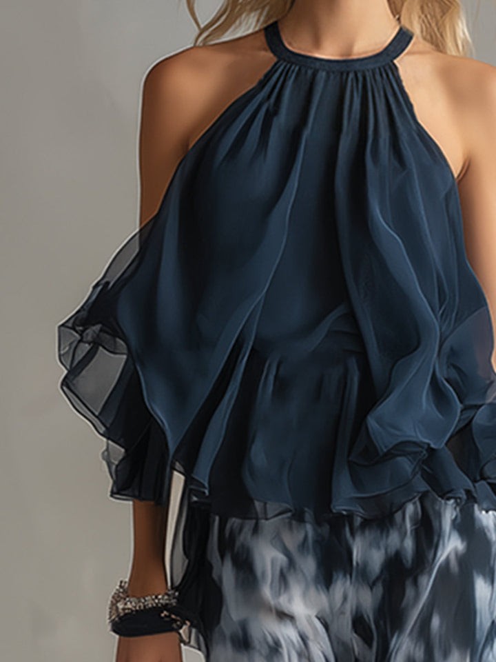 Ludovica | Coordinato Top Halter Blu Navy e Pantaloni Larghi a Stampa