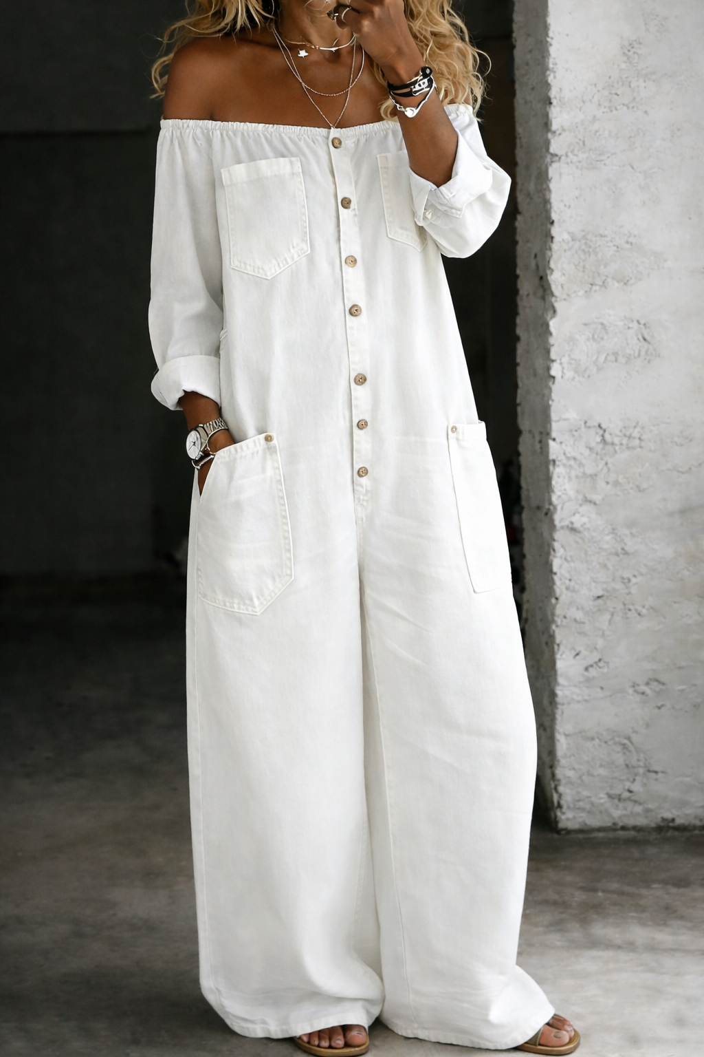 Elena | Jumpsuit Spalle Scoperte a Maniche Lunghe