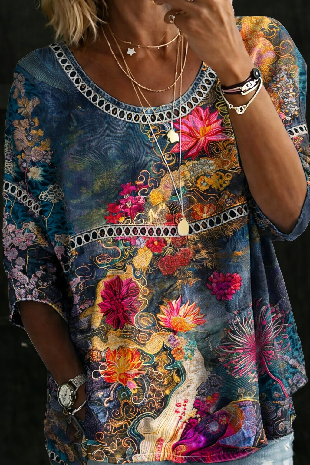 Nicole | Blusa Denim Vintage Floreale