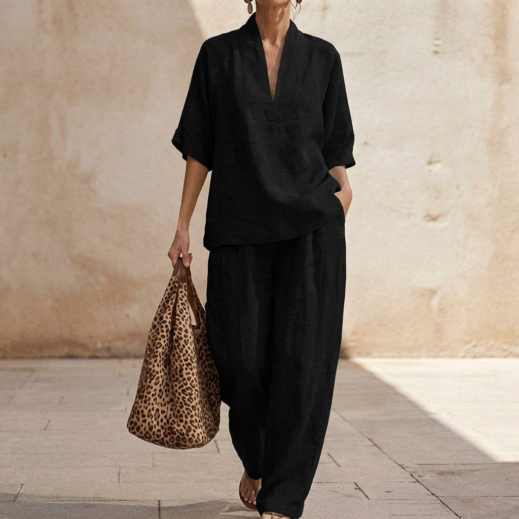 Dolores | Coordinato con Top Henley e Pantaloni a Gamba Larga