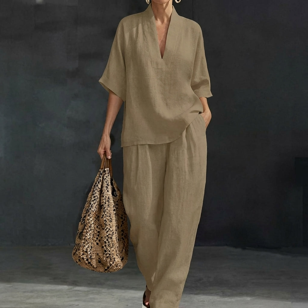 Dolores | Coordinato con Top Henley e Pantaloni a Gamba Larga