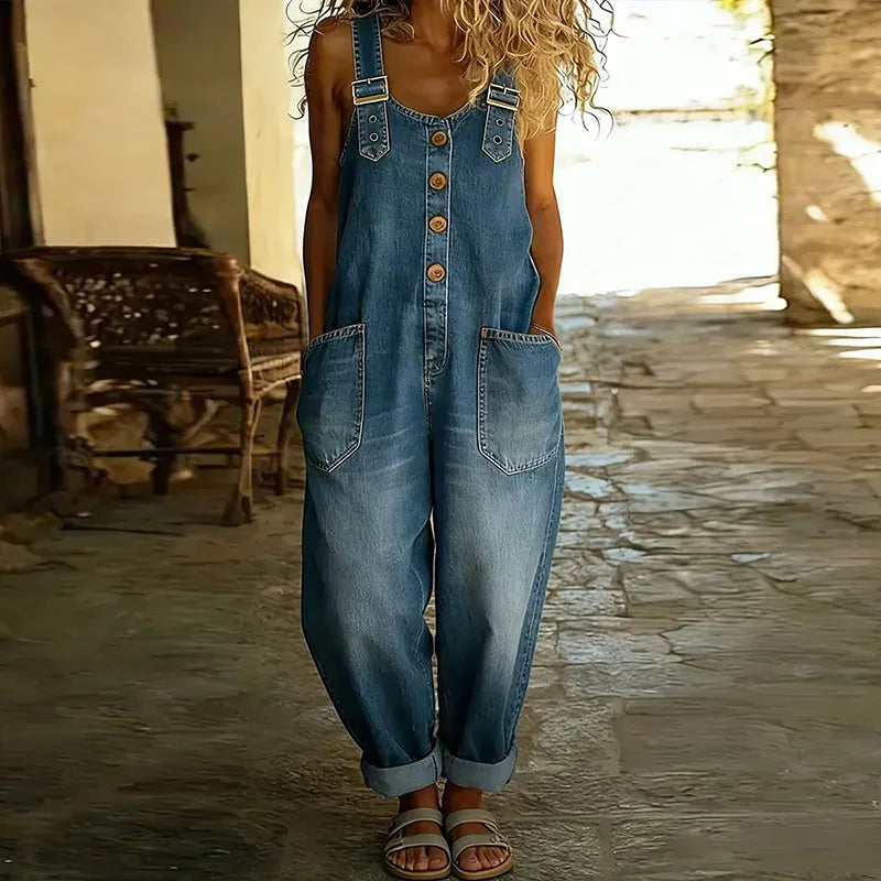 Mae | Salopette Denim Look Vintage con Bretelle Regolabili