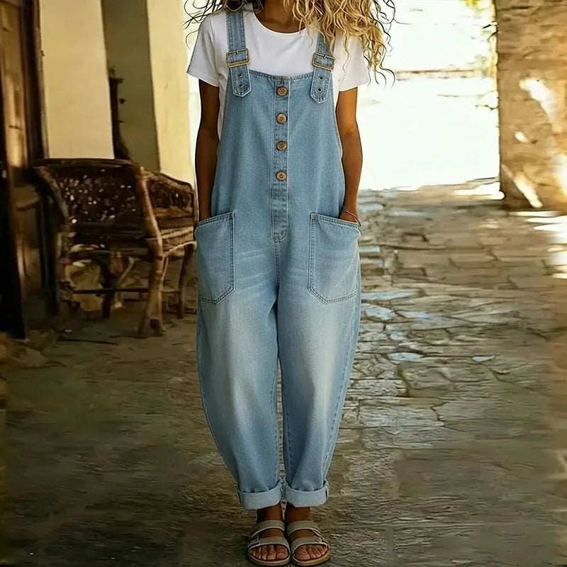 Mae | Salopette Denim Look Vintage con Bretelle Regolabili