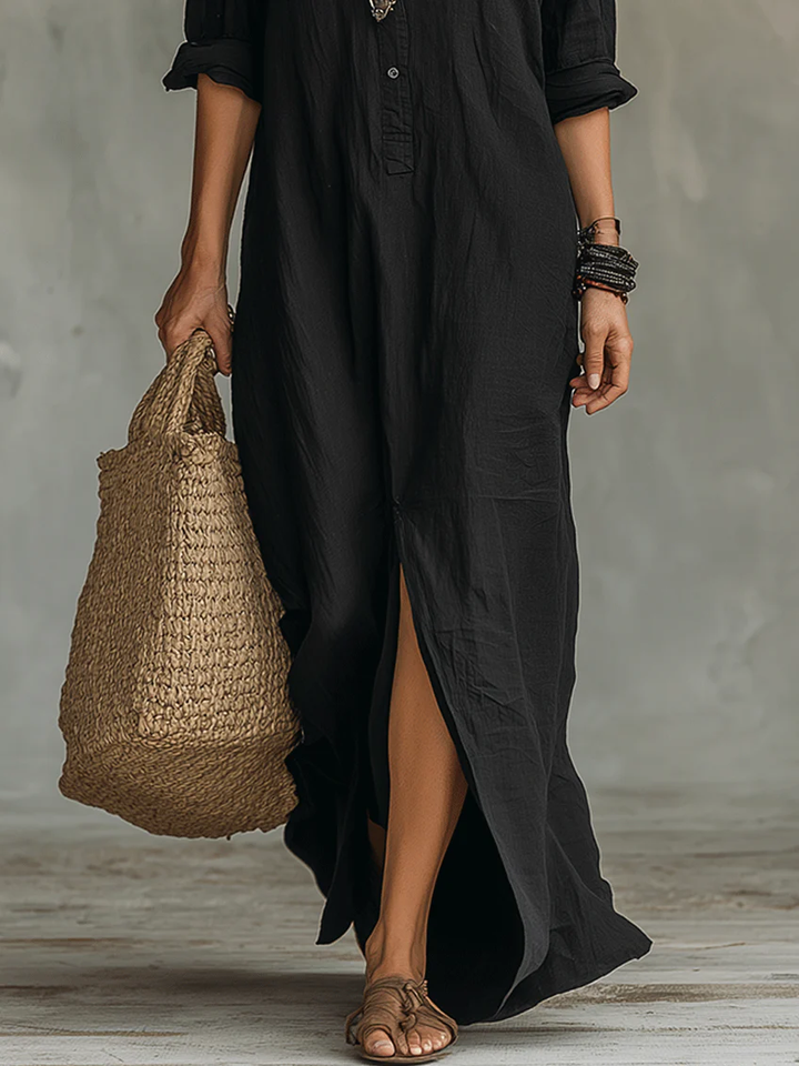 Soline™ | Abito Maxi Nero Oversize con Bottoni
