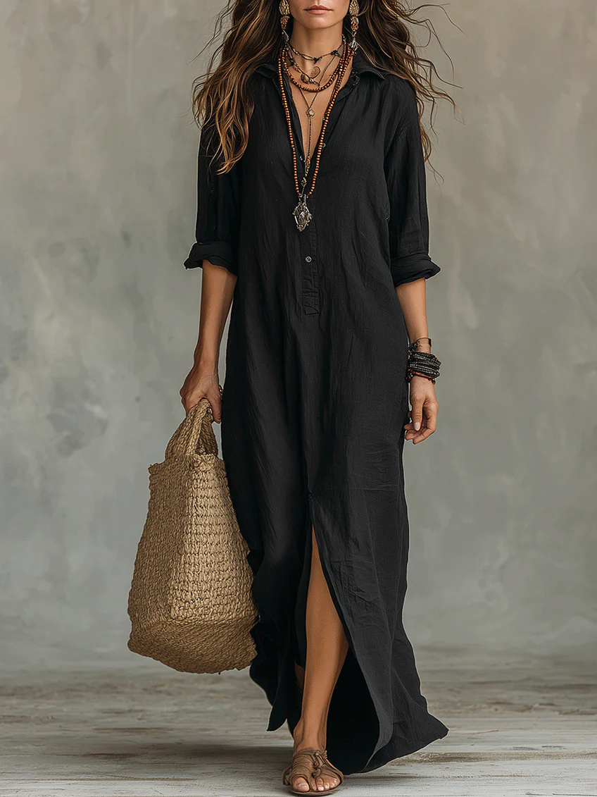 Soline™ | Abito Maxi Nero Oversize con Bottoni