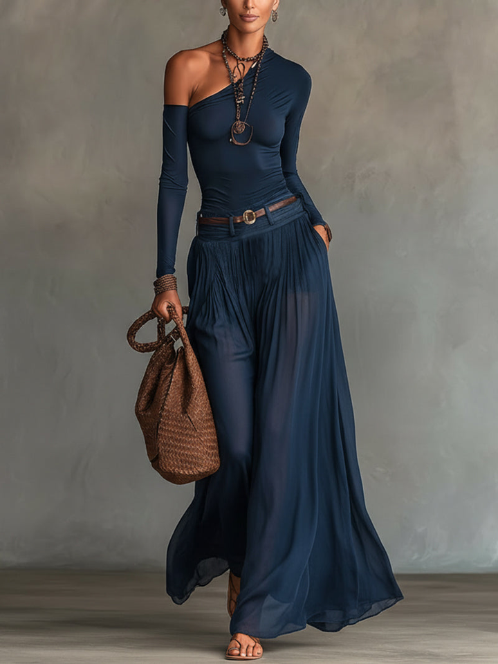 Celeste | Completo con Top Monospalla e Gonna in Tulle