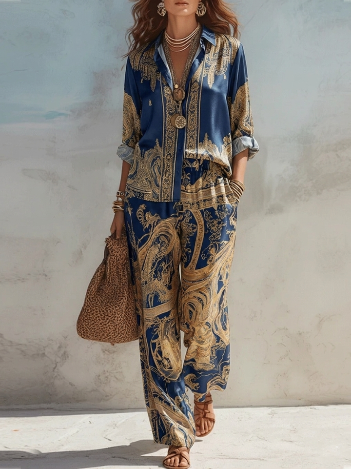 Set Due Pezzi con Stampa Barocca e Pantaloni a Palazzo