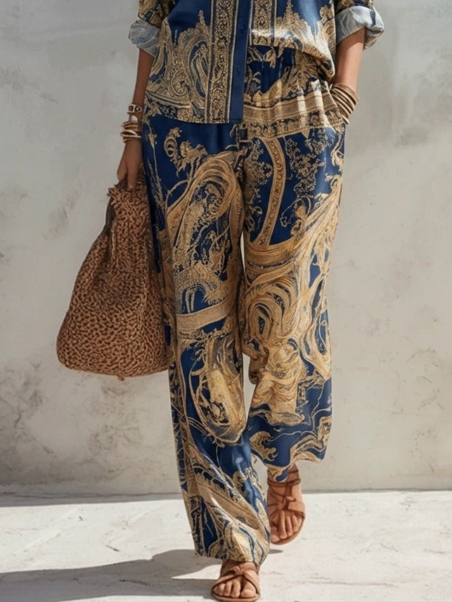 Set Due Pezzi con Stampa Barocca e Pantaloni a Palazzo