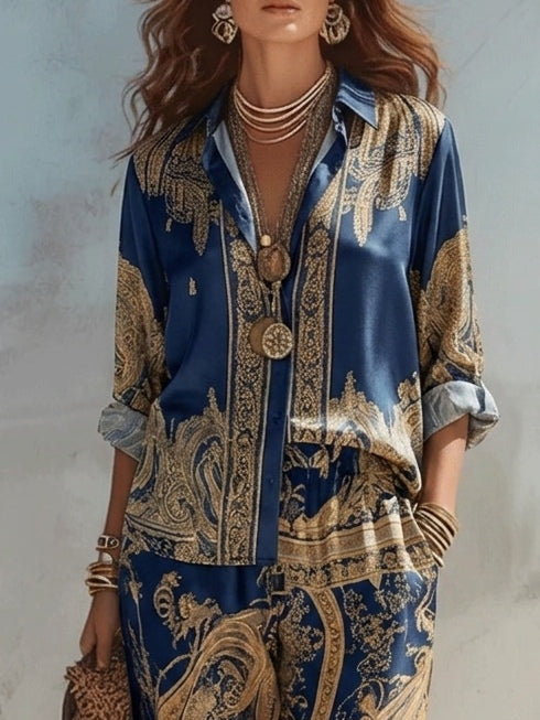 Set Due Pezzi con Stampa Barocca e Pantaloni a Palazzo