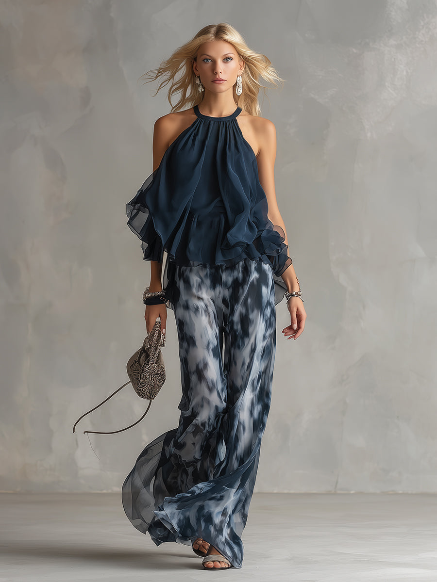 Ludovica | Coordinato Top Halter Blu Navy e Pantaloni Larghi a Stampa