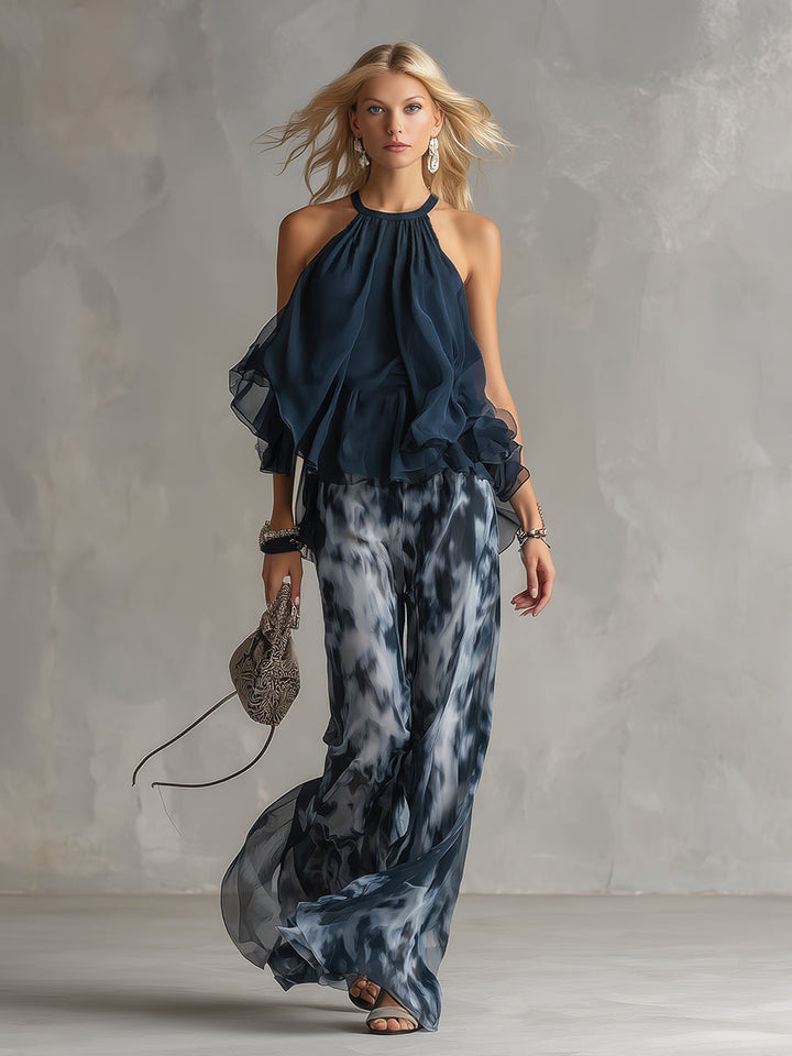 Ludovica | Coordinato Top Halter Blu Navy e Pantaloni Larghi a Stampa