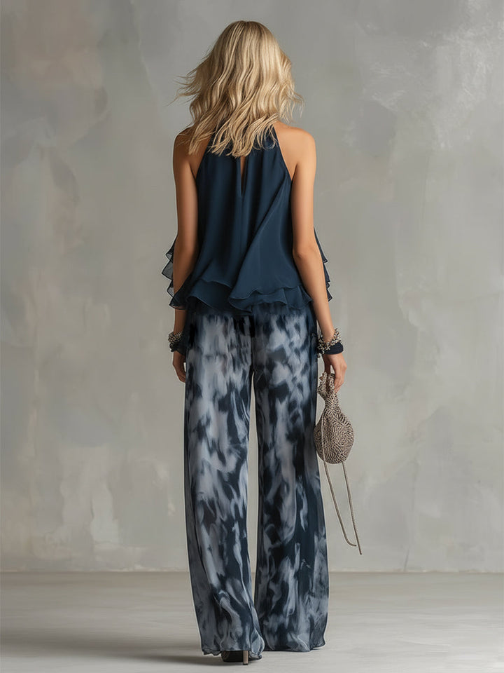 Ludovica | Coordinato Top Halter Blu Navy e Pantaloni Larghi a Stampa