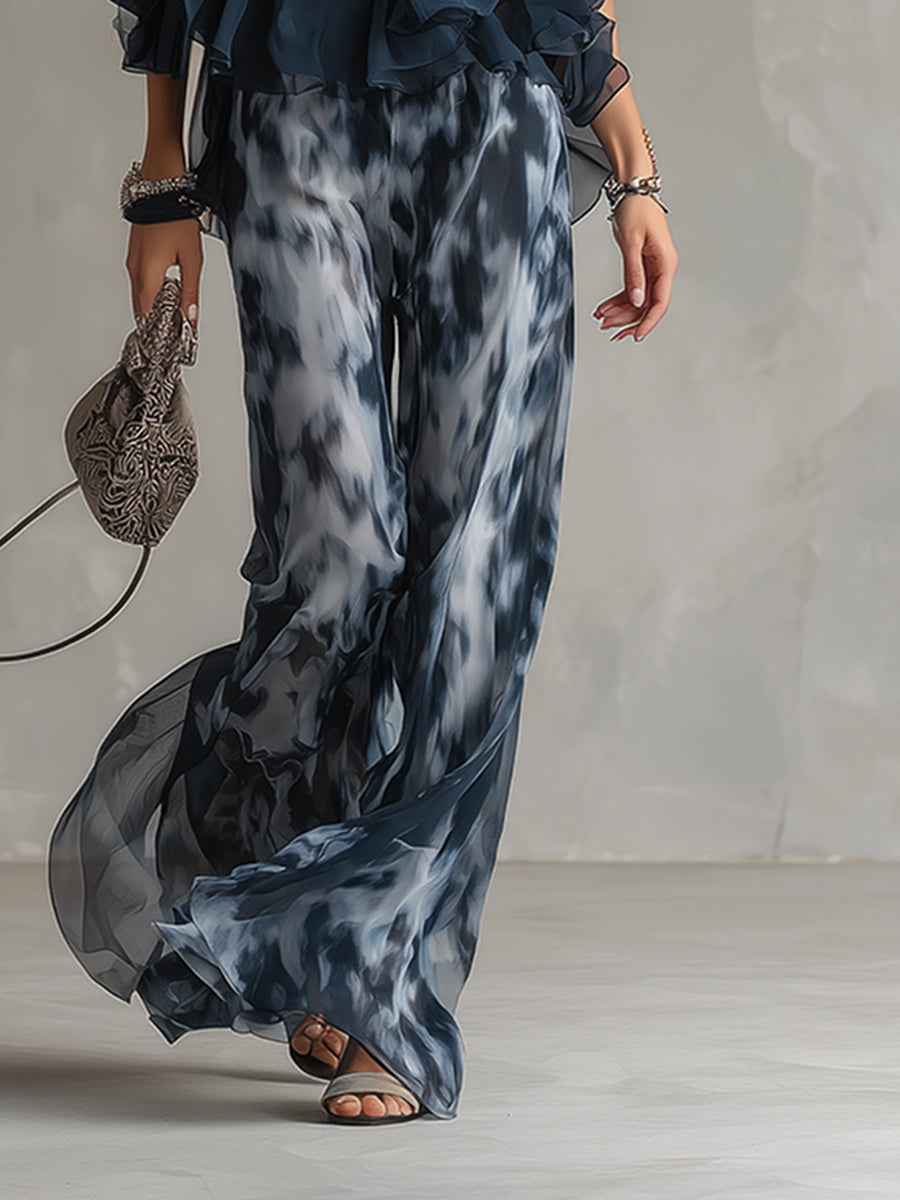 Ludovica | Coordinato Top Halter Blu Navy e Pantaloni Larghi a Stampa