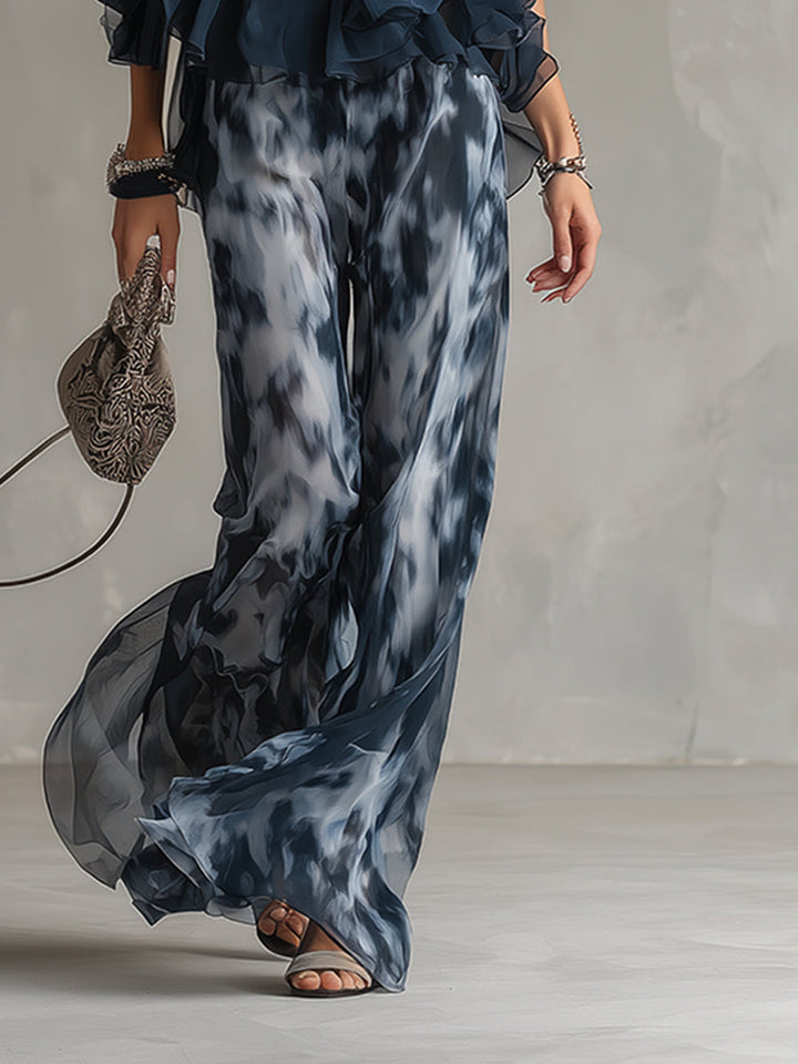 Ludovica | Coordinato Top Halter Blu Navy e Pantaloni Larghi a Stampa